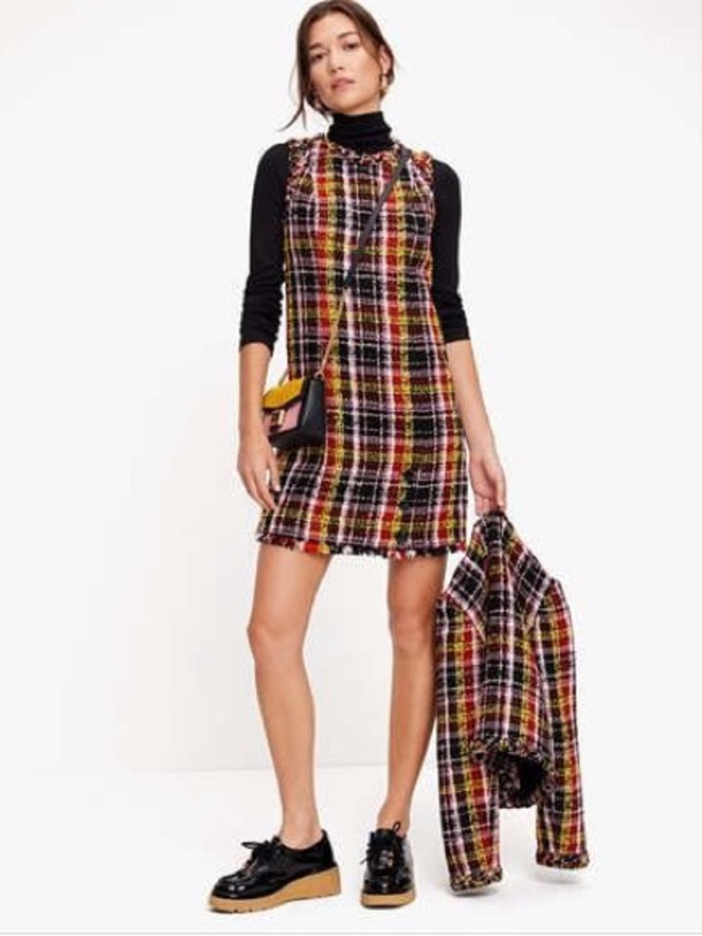 kate spade Plaid Tweed Mini Dress in Black, Red & Yellow